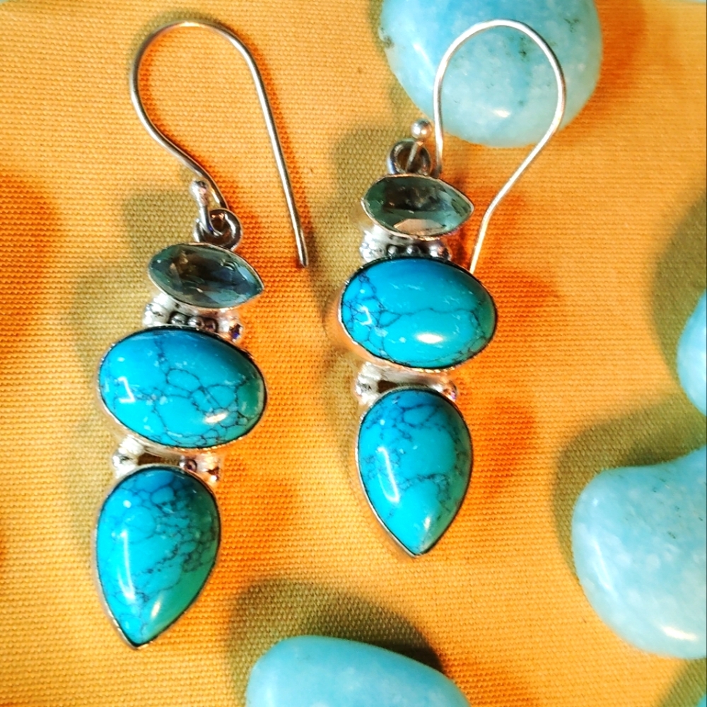 🔥KINGMAN TURQUOISE,  LONDON BL. TOPAZ, BALI STERLING HYPOALLERGENIC EAR. 1-1/2"